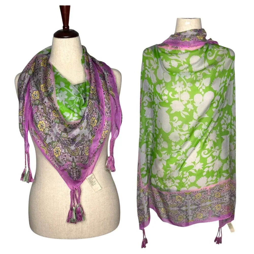 Johnny Was Silk Scarf Tassels Green Purple Floral Print Square 42x42 Bohemian